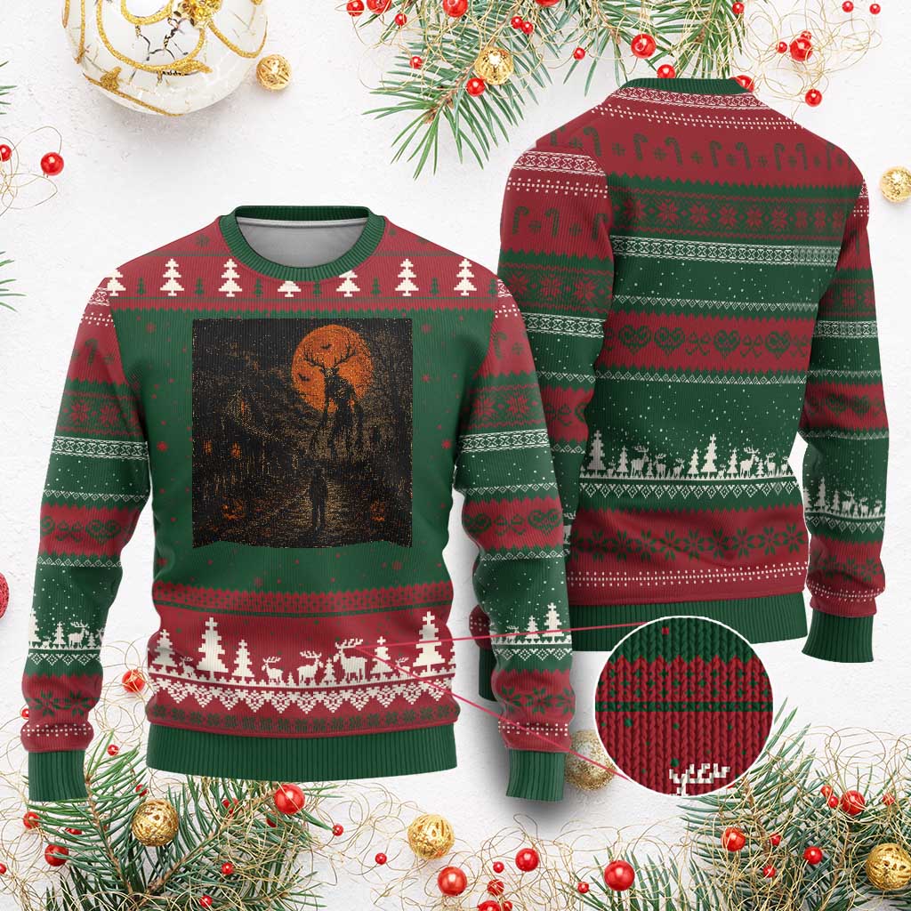 Wendigo Halloween Ugly Christmas Sweater Vintage Deer Skull Spooky Night Graphic