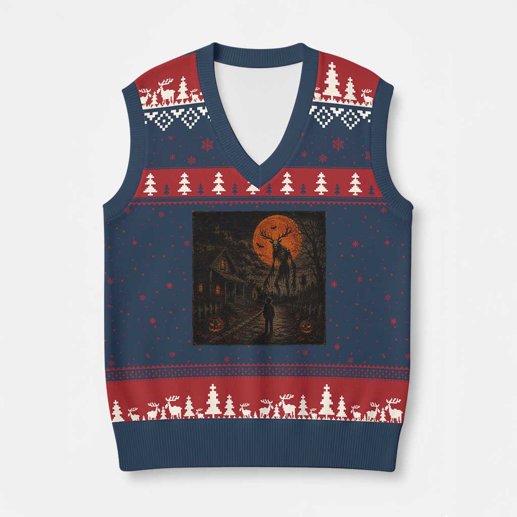 Wendigo Halloween V-Neck Knit Sweater Vest Vintage Deer Skull Spooky Night Graphic