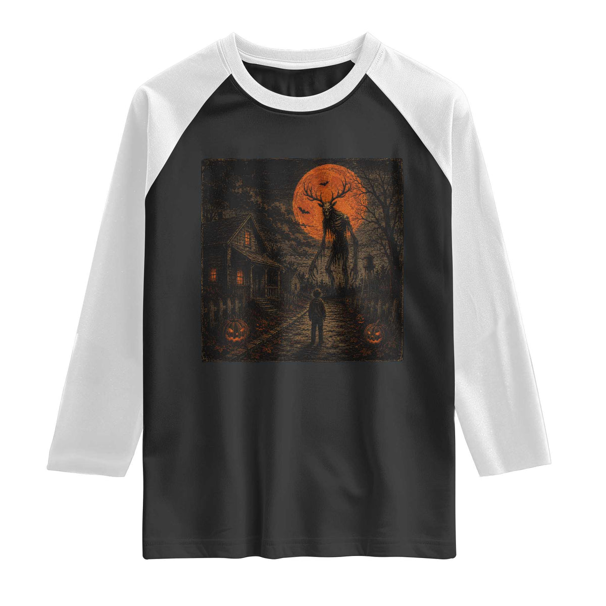 Wendigo Halloween Raglan Shirt Vintage Deer Skull Spooky Night Graphic