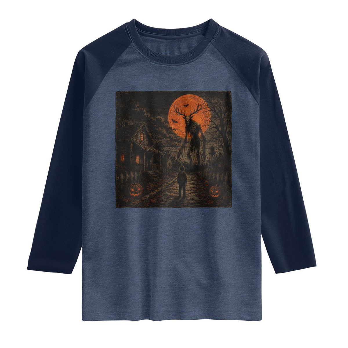 Wendigo Halloween Raglan Shirt Vintage Deer Skull Spooky Night Graphic