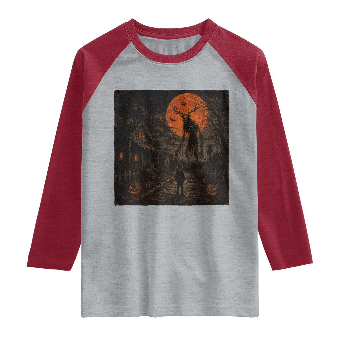 Wendigo Halloween Raglan Shirt Vintage Deer Skull Spooky Night Graphic