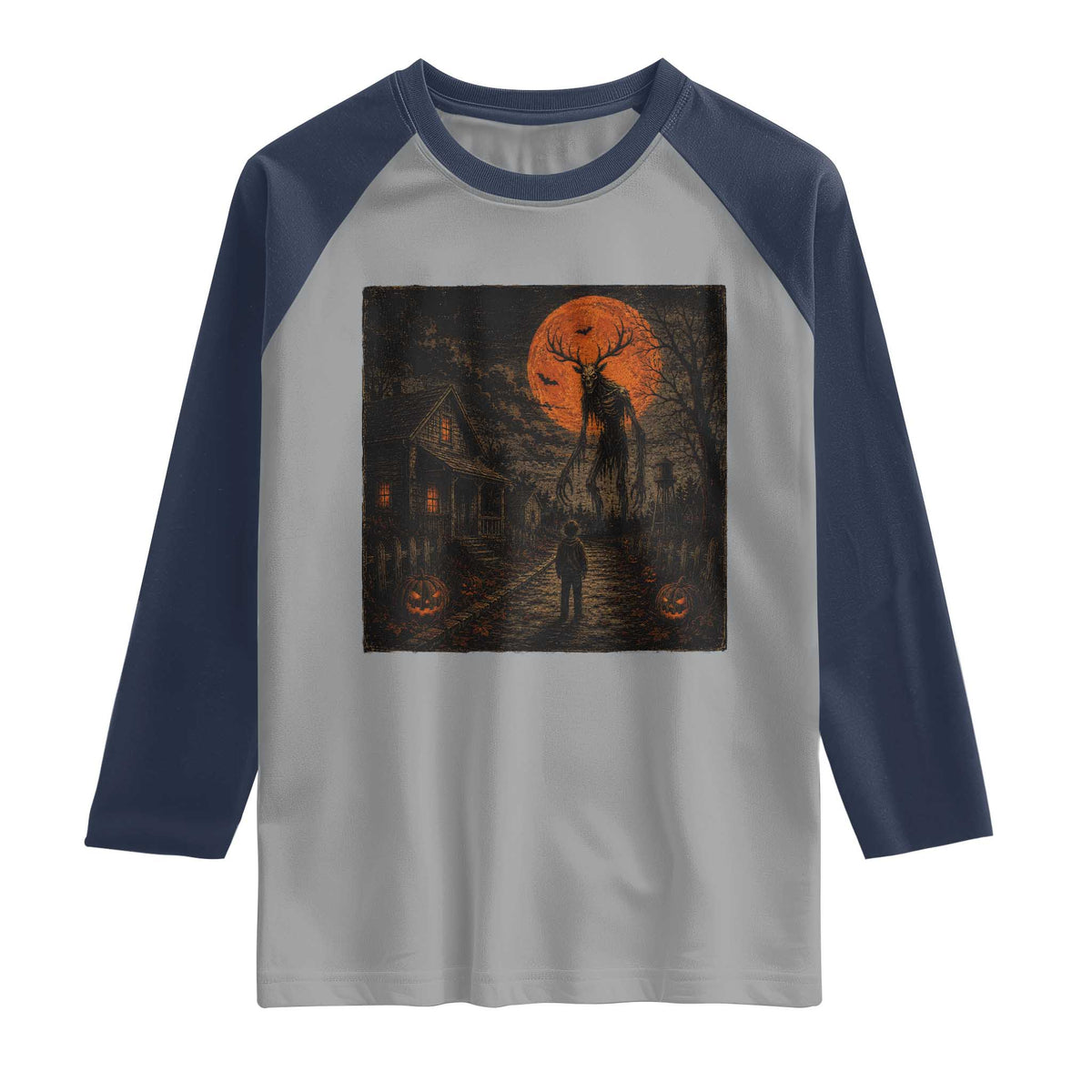 Wendigo Halloween Raglan Shirt Vintage Deer Skull Spooky Night Graphic