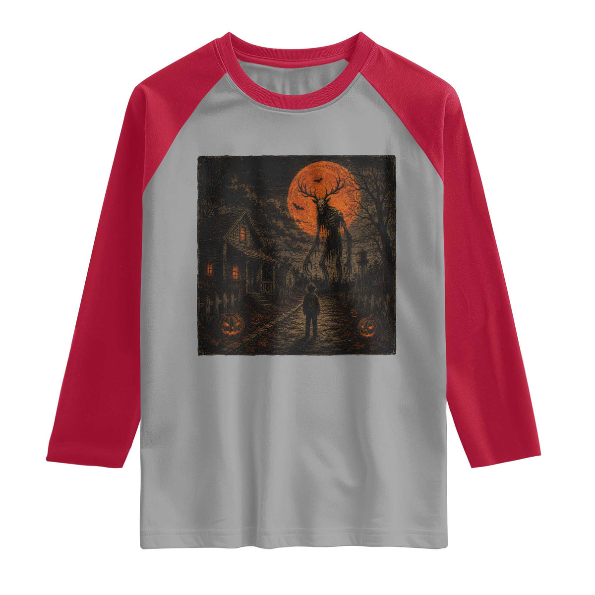Wendigo Halloween Raglan Shirt Vintage Deer Skull Spooky Night Graphic