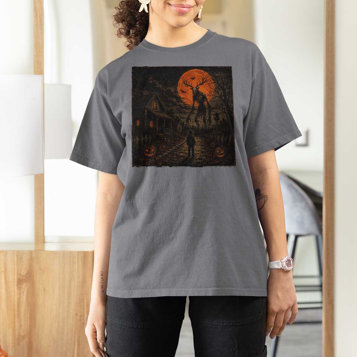 Wendigo Halloween T Shirt For Women Vintage Deer Skull Spooky Night Graphic