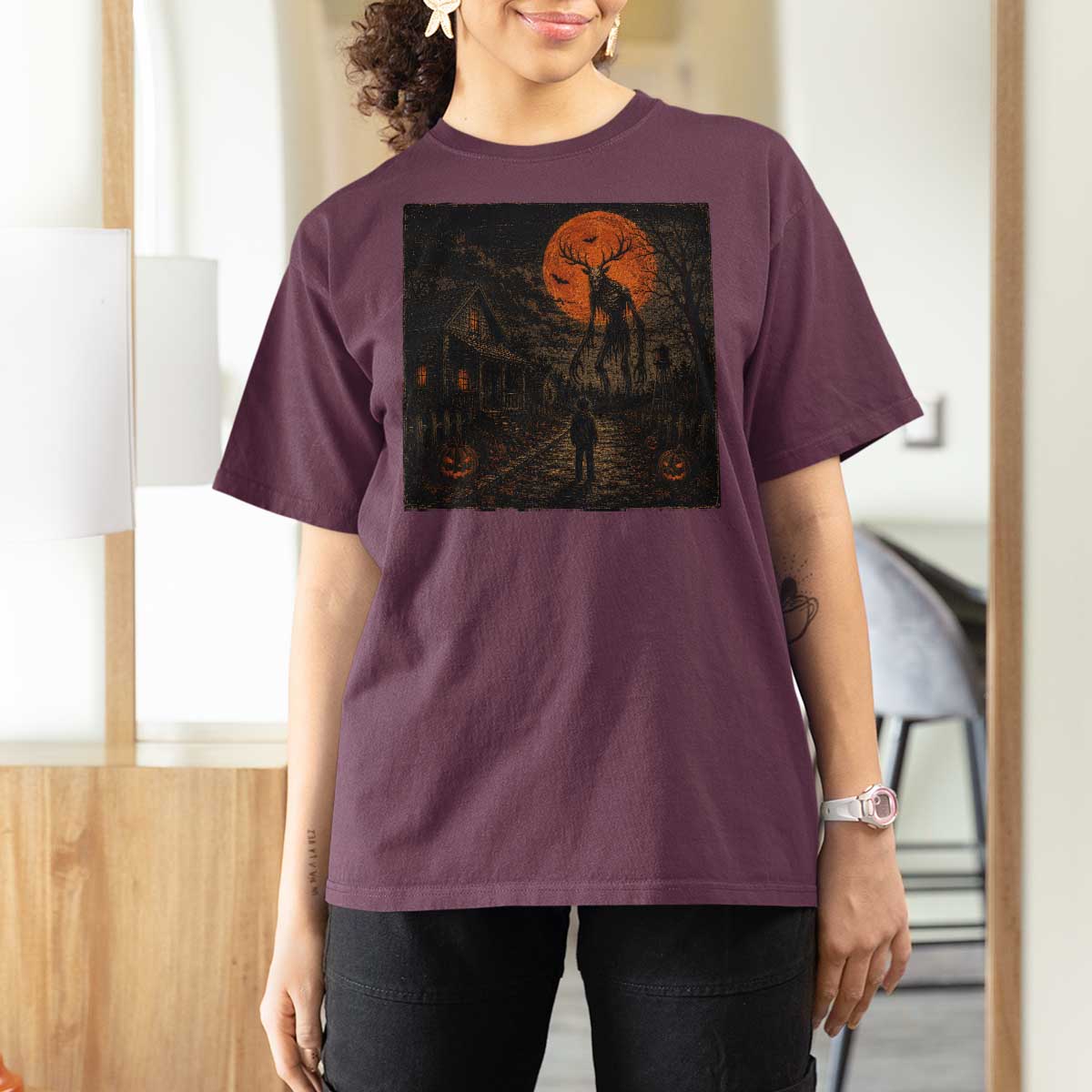 Wendigo Halloween T Shirt For Women Vintage Deer Skull Spooky Night Graphic