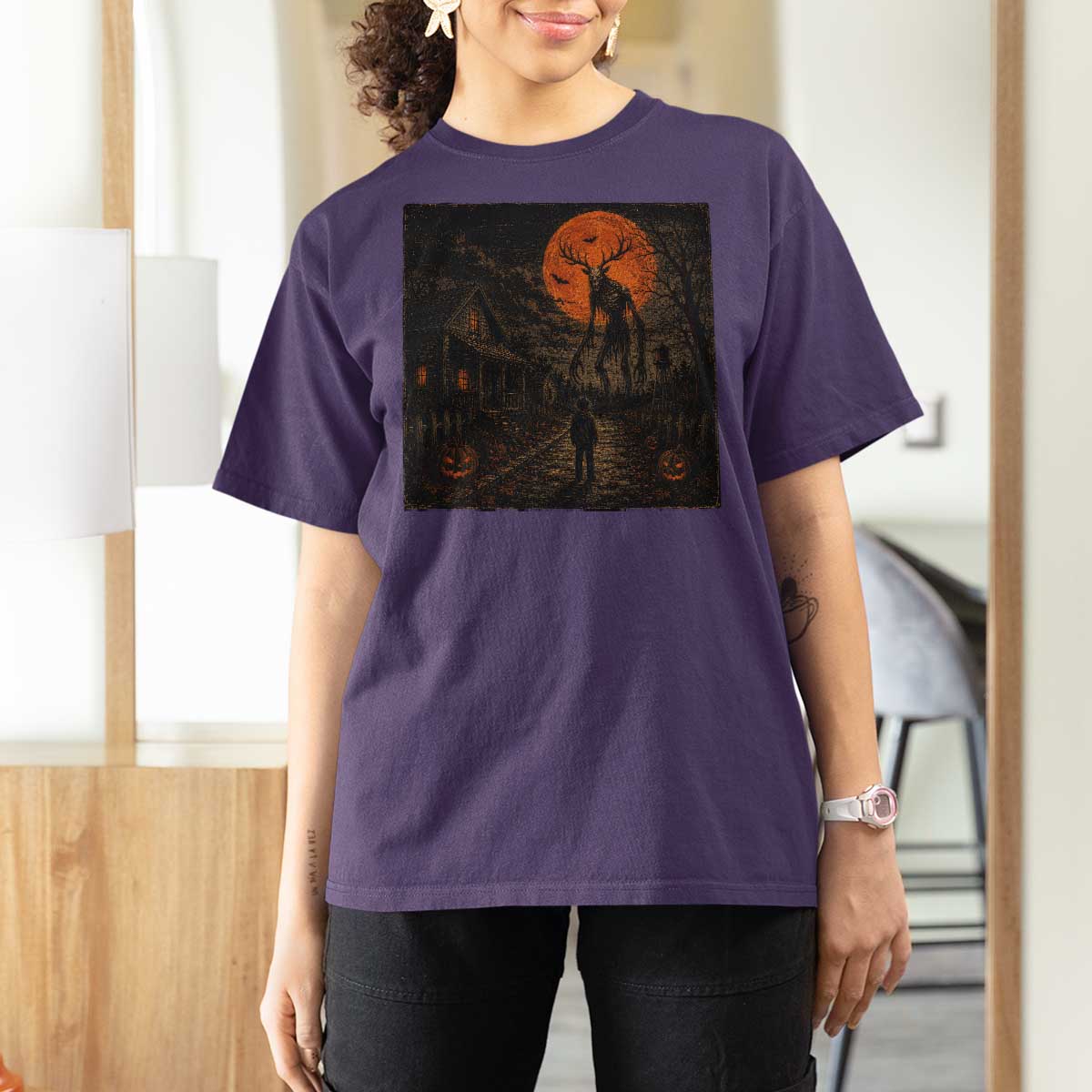 Wendigo Halloween T Shirt For Women Vintage Deer Skull Spooky Night Graphic
