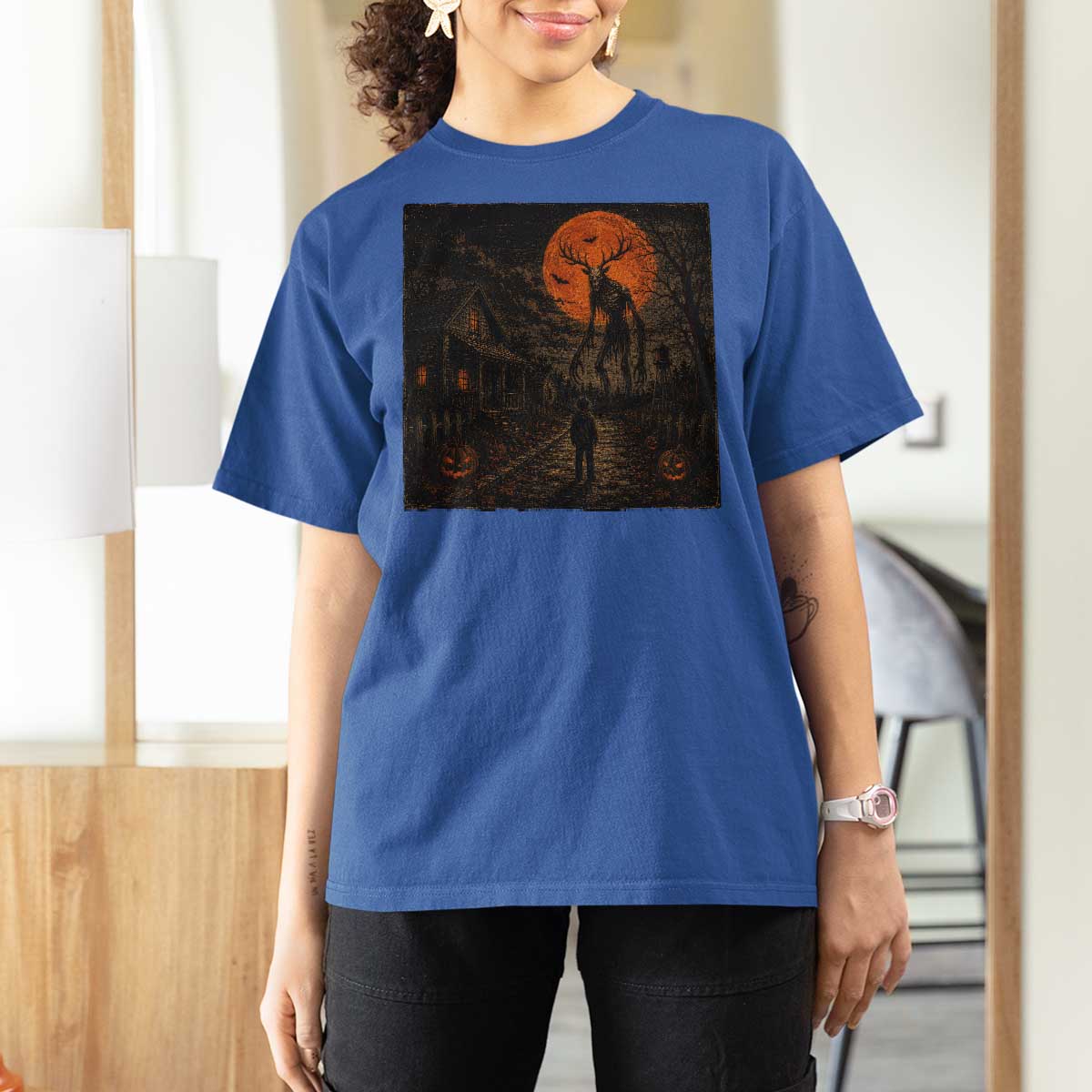 Wendigo Halloween T Shirt For Women Vintage Deer Skull Spooky Night Graphic