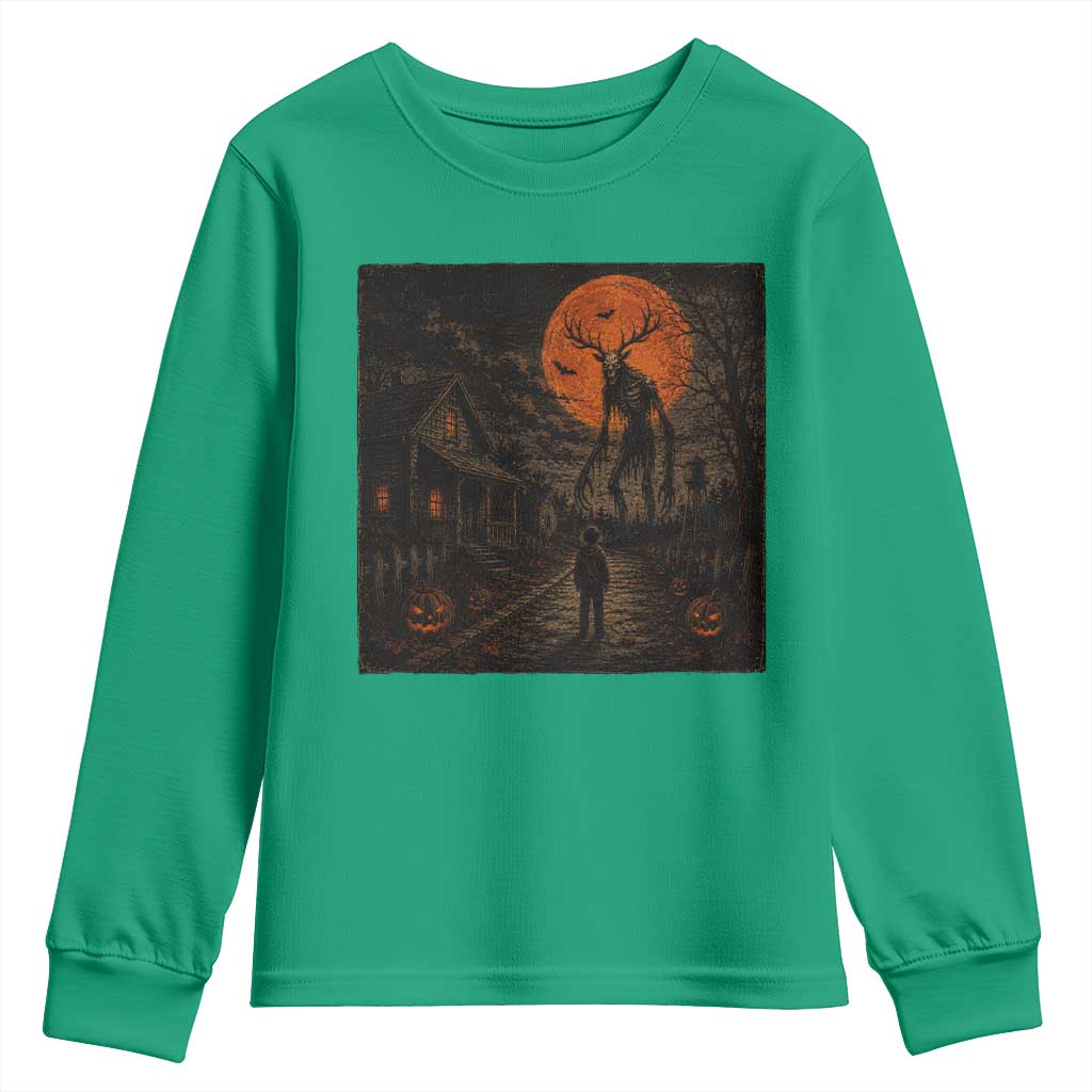 Wendigo Halloween Youth Sweatshirt Vintage Deer Skull Spooky Night Graphic