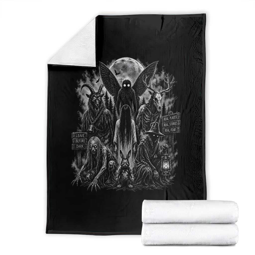 Cryptid Monsters Urban Legends Throw Blanket Vintage Dark Folklore Leave Before Dark Graphic