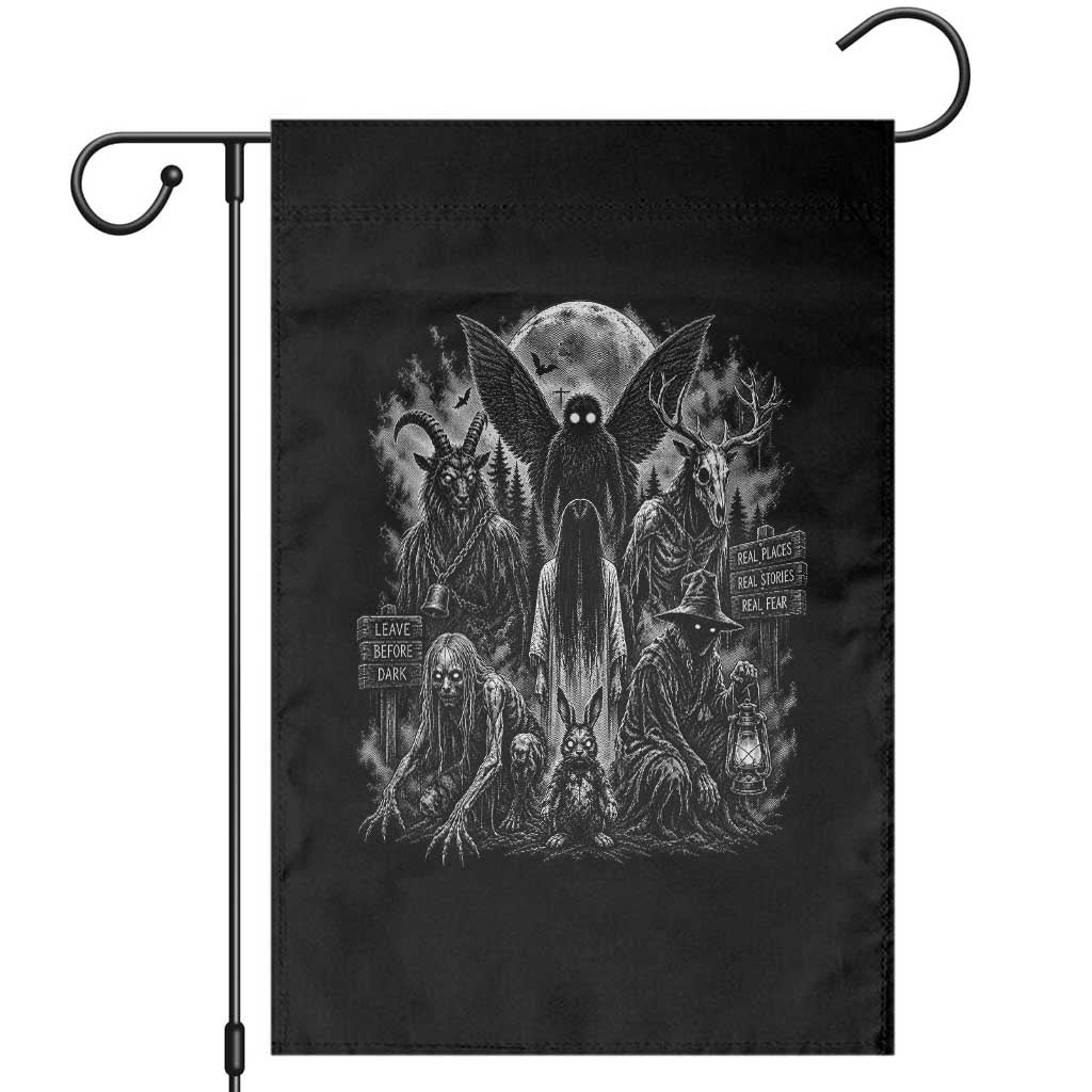Cryptid Monsters Urban Legends Garden Flag Vintage Dark Folklore Leave Before Dark Graphic