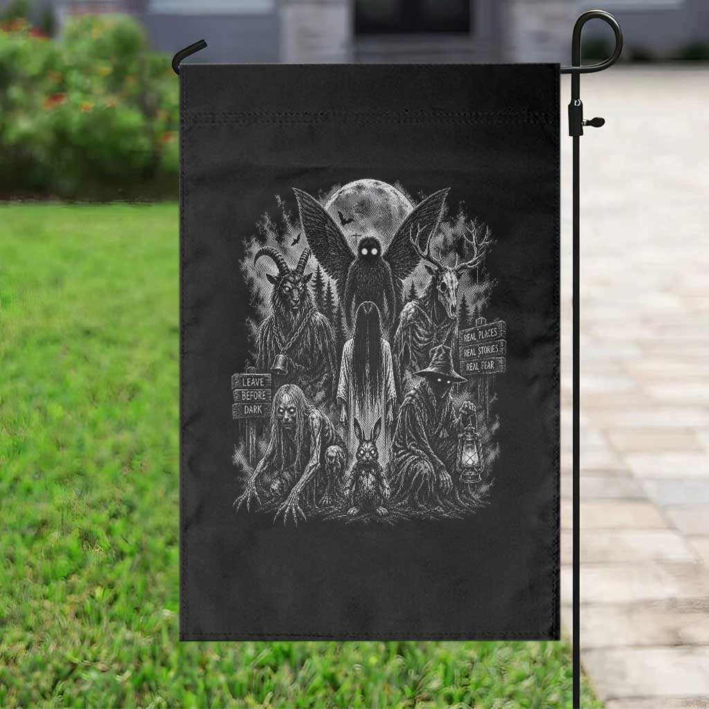 Cryptid Monsters Urban Legends Garden Flag Vintage Dark Folklore Leave Before Dark Graphic