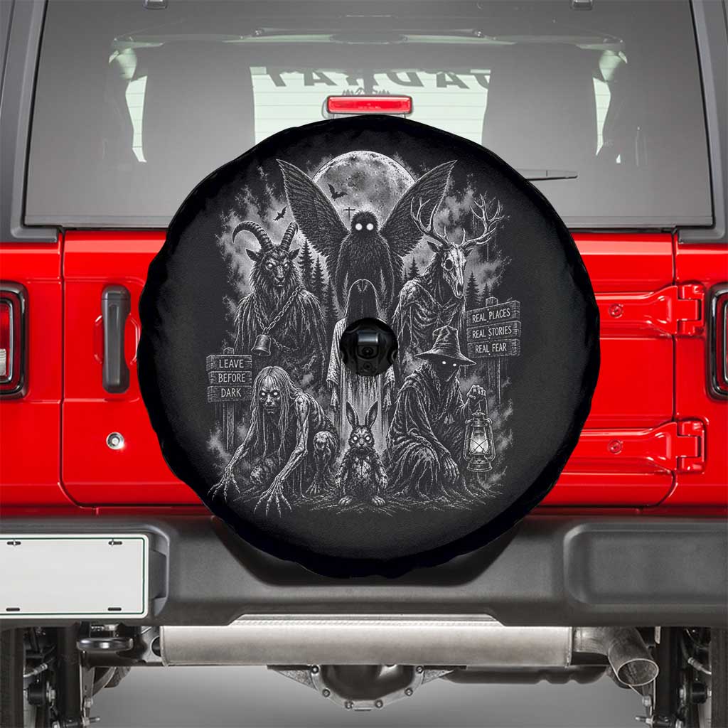 Cryptid Monsters Urban Legends Spare Tire Cover Vintage Dark Folklore Leave Before Dark Graphic