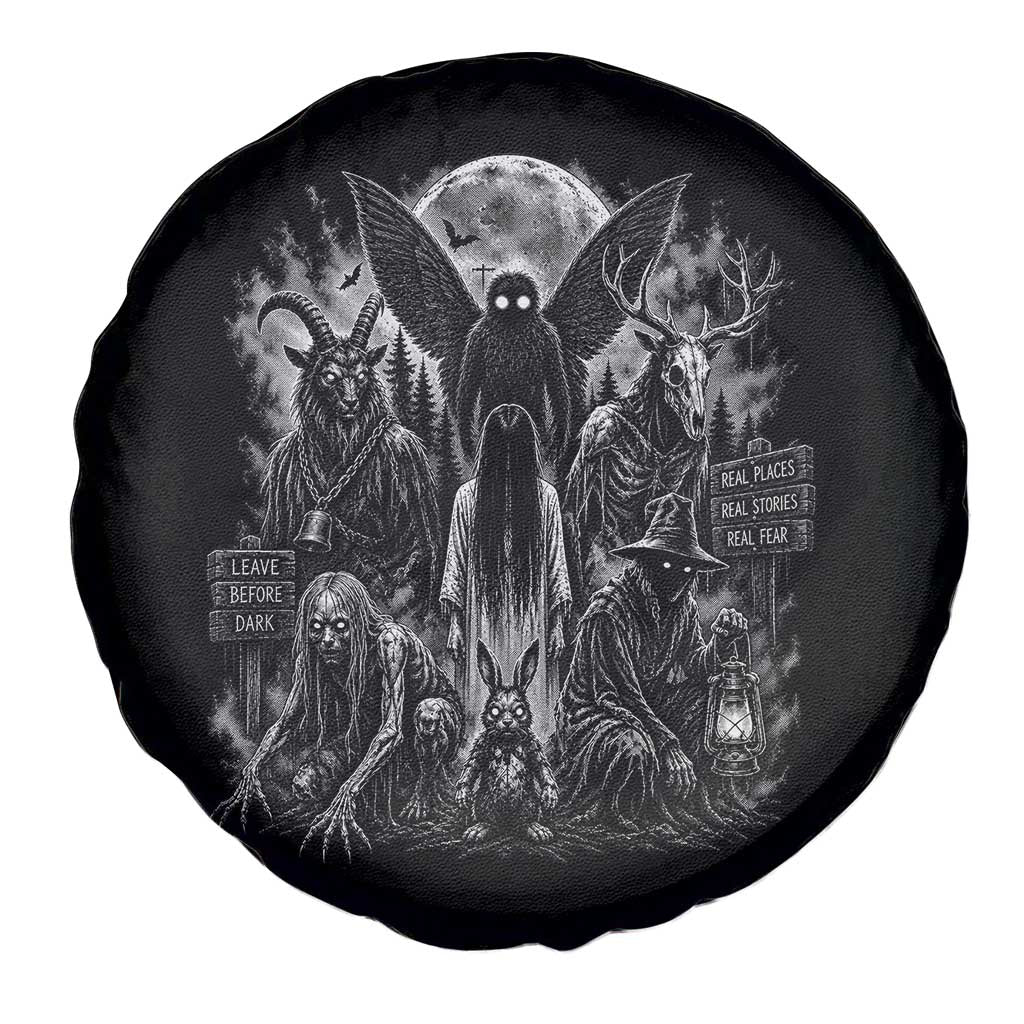 Cryptid Monsters Urban Legends Spare Tire Cover Vintage Dark Folklore Leave Before Dark Graphic