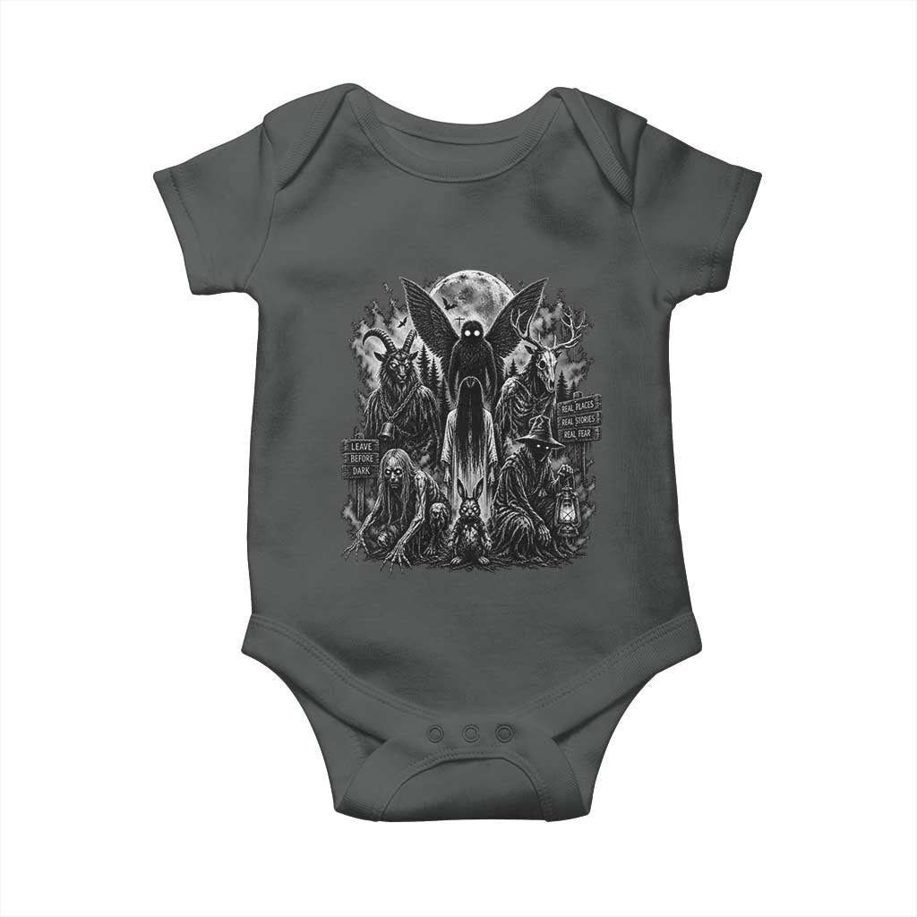 Cryptid Monsters Urban Legends Baby Onesie Vintage Dark Folklore Leave Before Dark Graphic