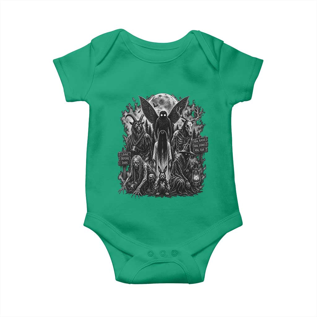 Cryptid Monsters Urban Legends Baby Onesie Vintage Dark Folklore Leave Before Dark Graphic