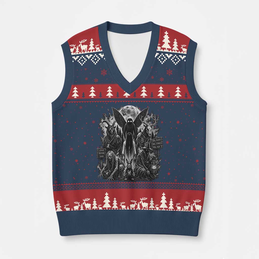 Cryptid Monsters Urban Legends V-Neck Knit Sweater Vest Vintage Dark Folklore Leave Before Dark Graphic