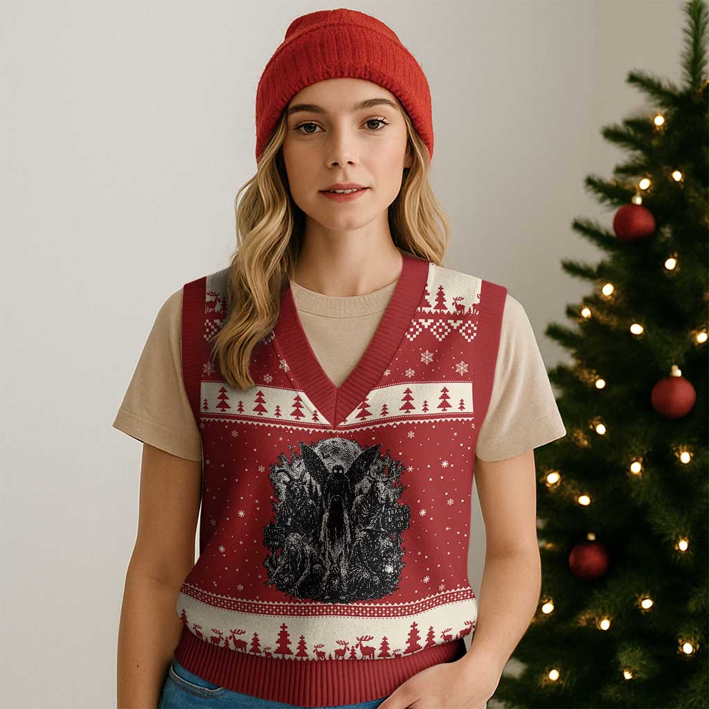 Cryptid Monsters Urban Legends V-Neck Knit Sweater Vest Vintage Dark Folklore Leave Before Dark Graphic