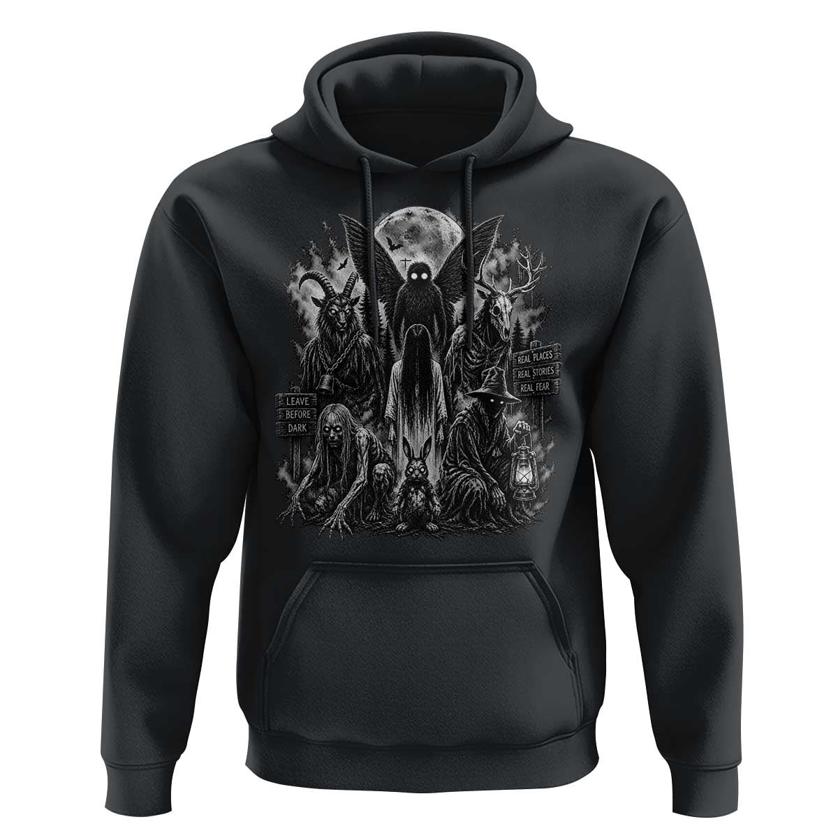 Cryptid Monsters Urban Legends Hoodie Vintage Dark Folklore Leave Before Dark Graphic