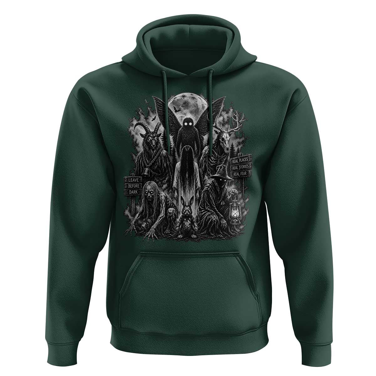 Cryptid Monsters Urban Legends Hoodie Vintage Dark Folklore Leave Before Dark Graphic