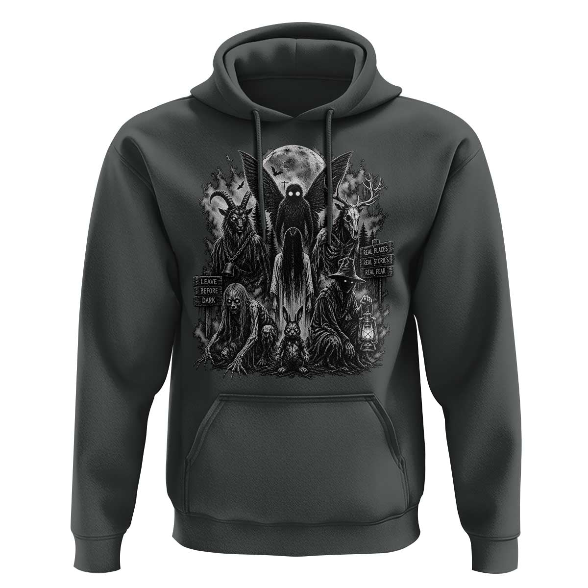 Cryptid Monsters Urban Legends Hoodie Vintage Dark Folklore Leave Before Dark Graphic