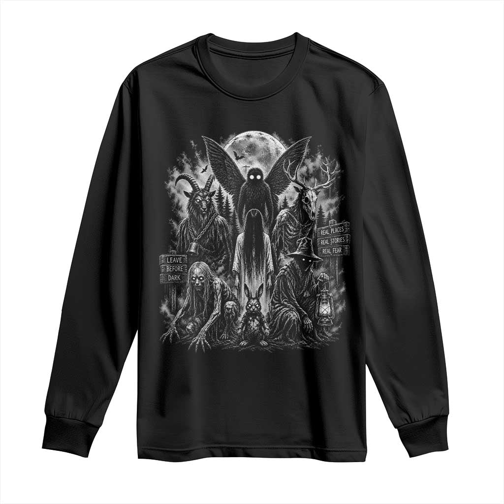 Cryptid Monsters Urban Legends Long Sleeve Shirt Vintage Dark Folklore Leave Before Dark Graphic