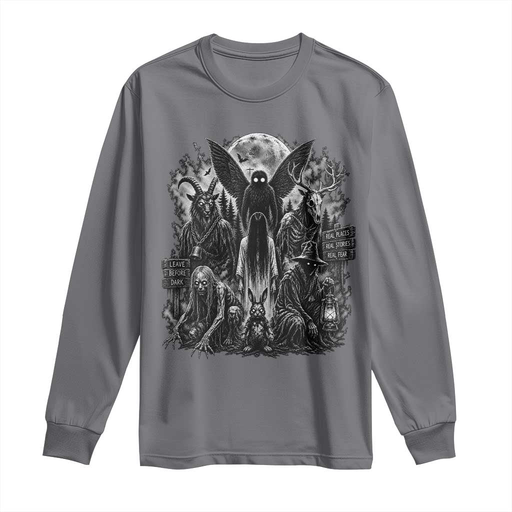 Cryptid Monsters Urban Legends Long Sleeve Shirt Vintage Dark Folklore Leave Before Dark Graphic