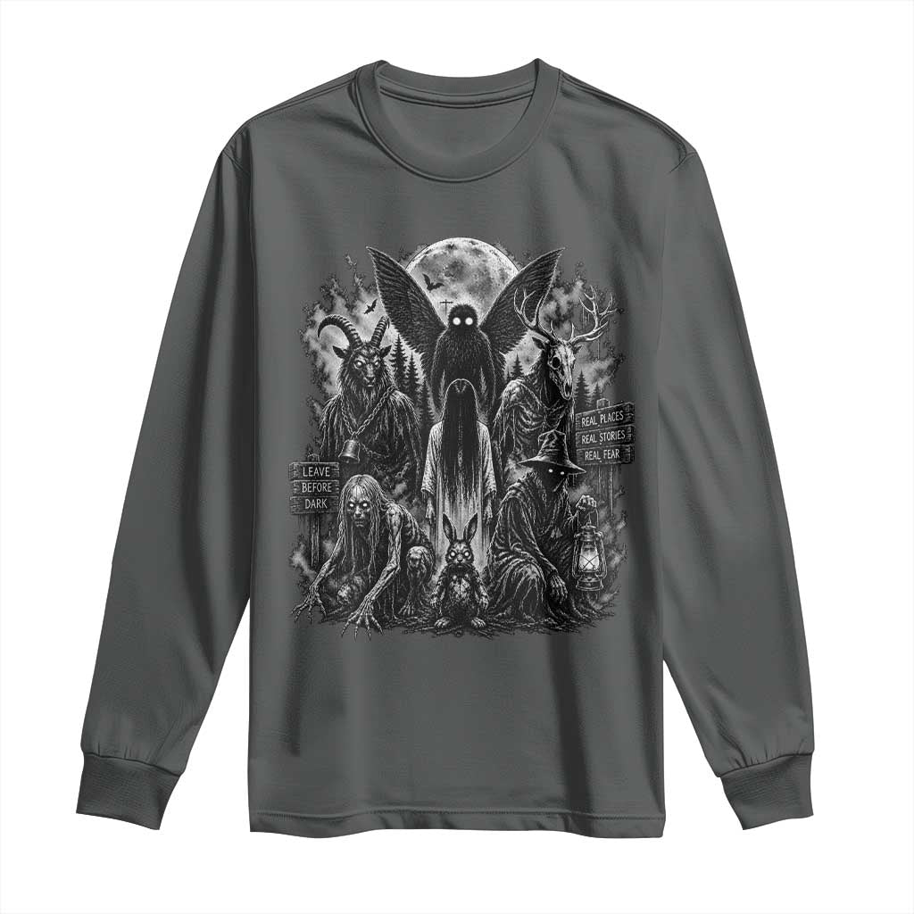 Cryptid Monsters Urban Legends Long Sleeve Shirt Vintage Dark Folklore Leave Before Dark Graphic