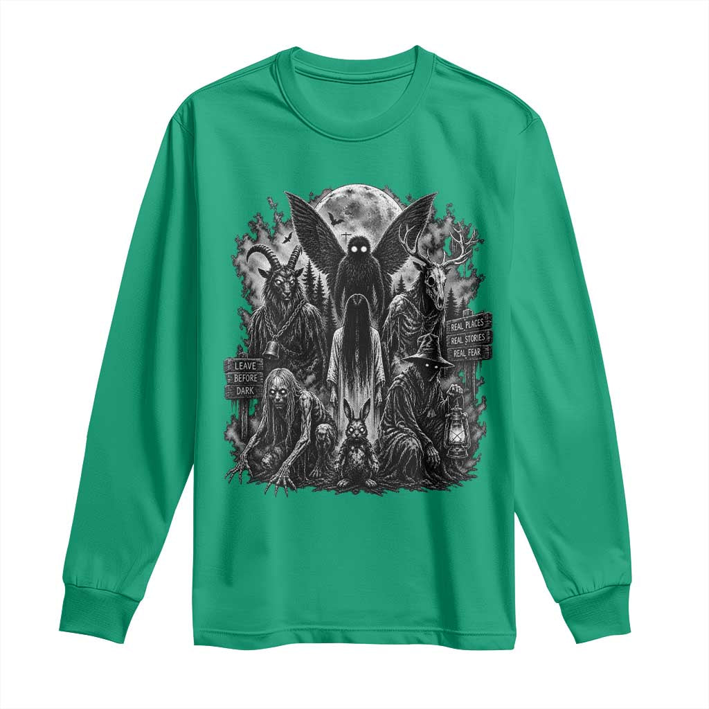 Cryptid Monsters Urban Legends Long Sleeve Shirt Vintage Dark Folklore Leave Before Dark Graphic