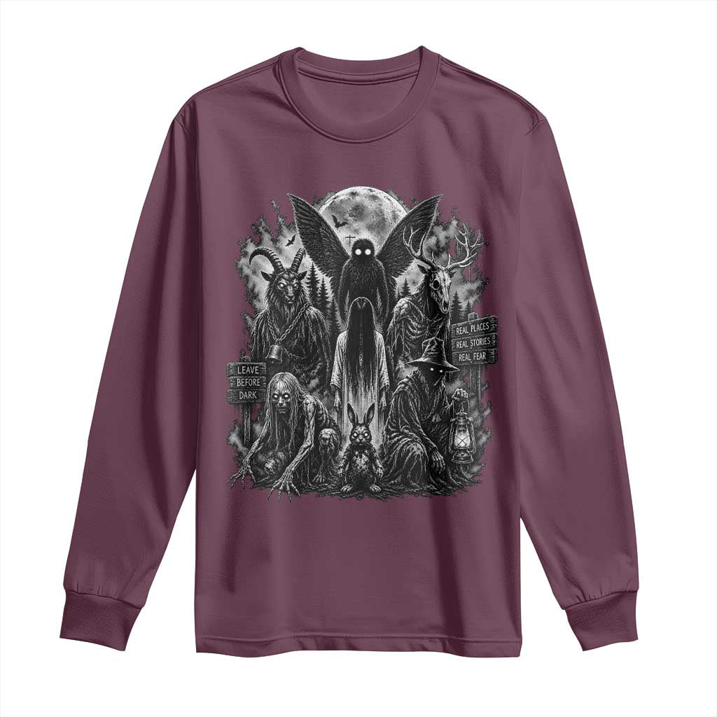 Cryptid Monsters Urban Legends Long Sleeve Shirt Vintage Dark Folklore Leave Before Dark Graphic