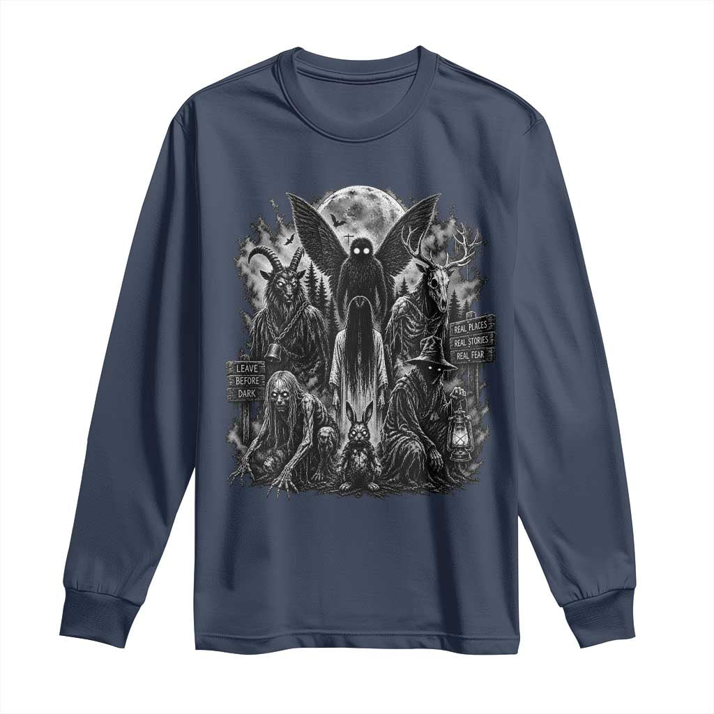 Cryptid Monsters Urban Legends Long Sleeve Shirt Vintage Dark Folklore Leave Before Dark Graphic