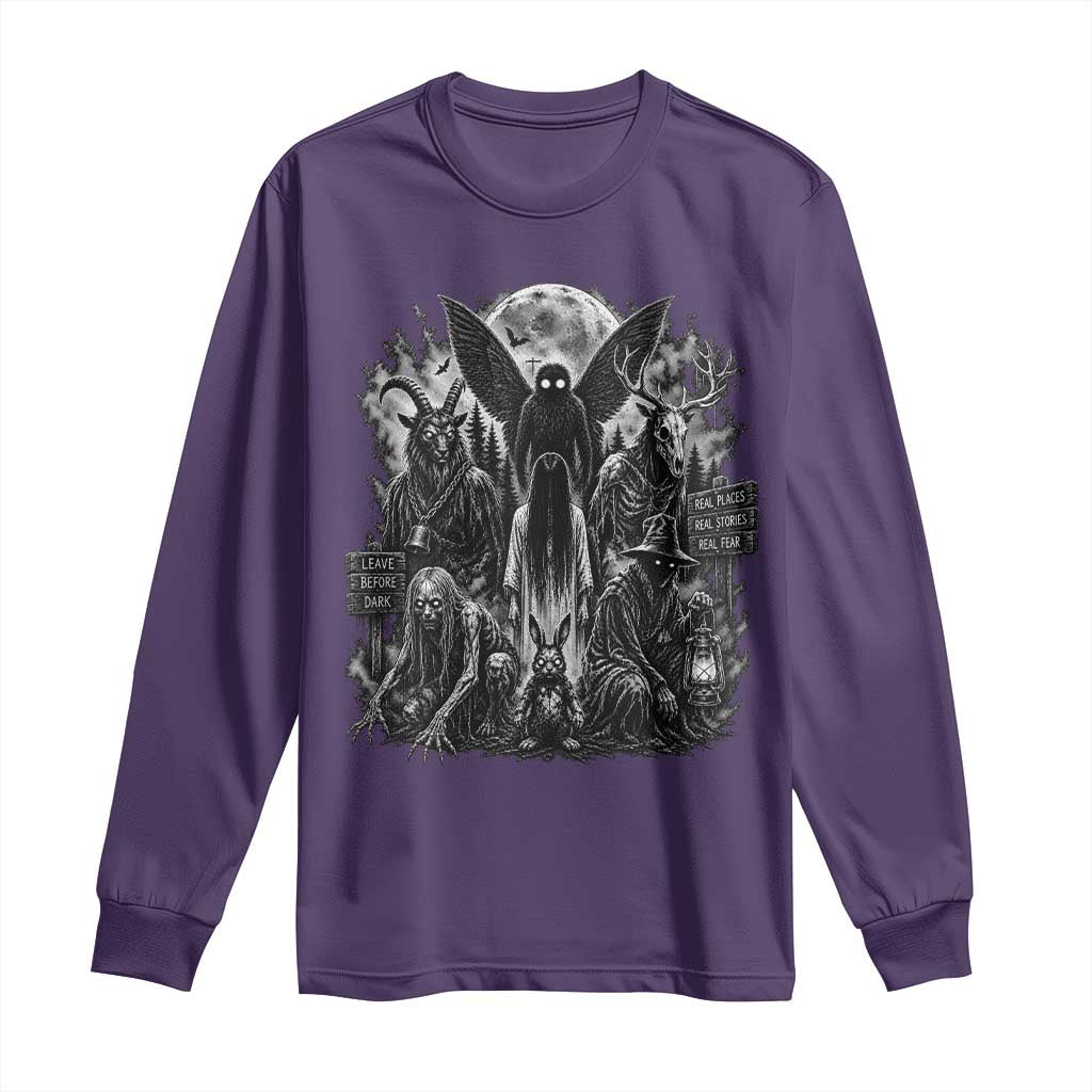 Cryptid Monsters Urban Legends Long Sleeve Shirt Vintage Dark Folklore Leave Before Dark Graphic