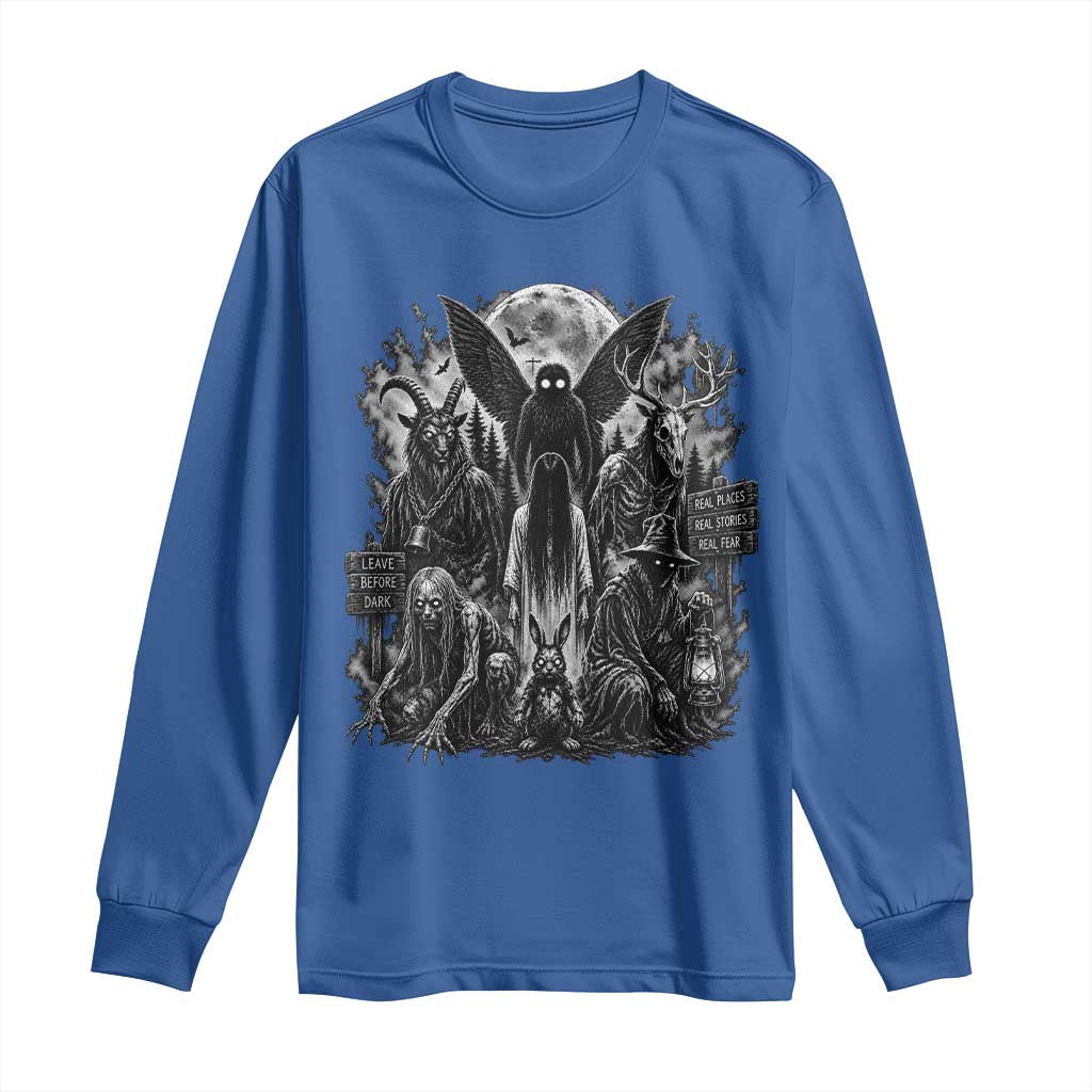 Cryptid Monsters Urban Legends Long Sleeve Shirt Vintage Dark Folklore Leave Before Dark Graphic