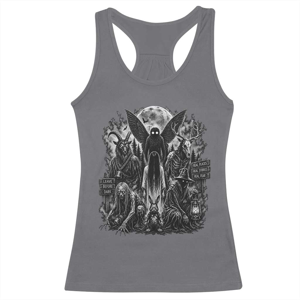 Cryptid Monsters Urban Legends Racerback Tank Top Vintage Dark Folklore Leave Before Dark Graphic