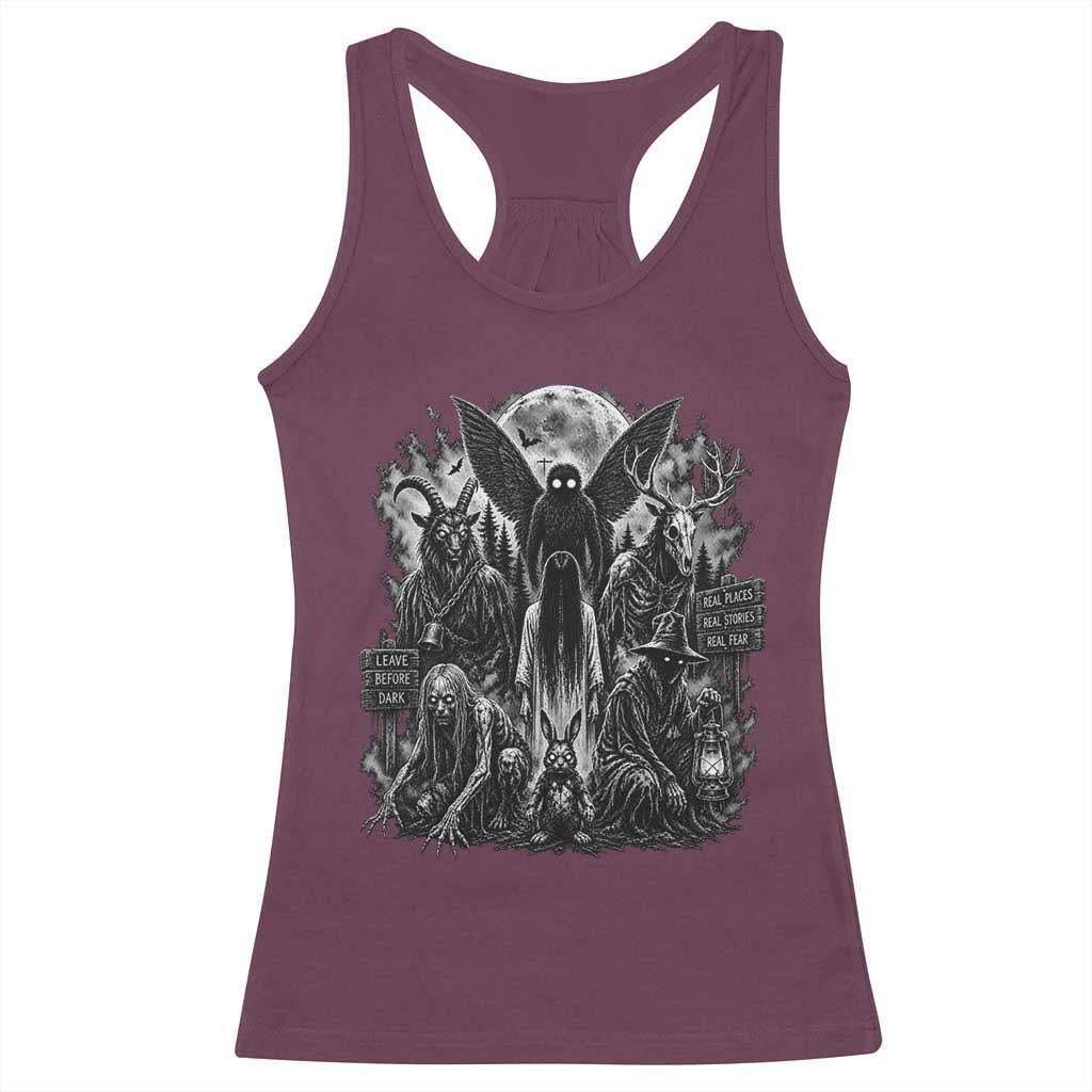 Cryptid Monsters Urban Legends Racerback Tank Top Vintage Dark Folklore Leave Before Dark Graphic