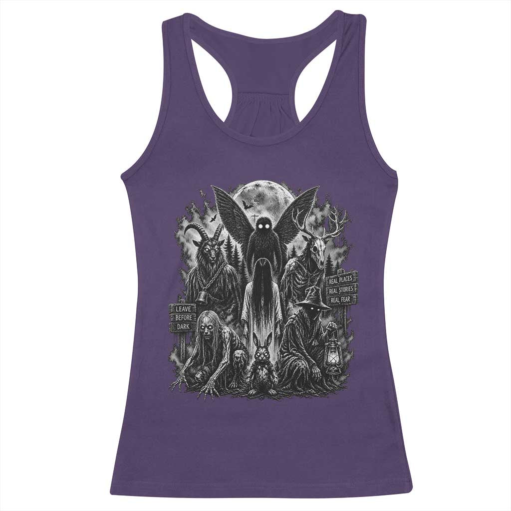 Cryptid Monsters Urban Legends Racerback Tank Top Vintage Dark Folklore Leave Before Dark Graphic