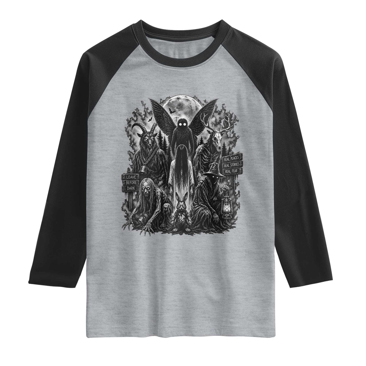 Cryptid Monsters Urban Legends Raglan Shirt Vintage Dark Folklore Leave Before Dark Graphic