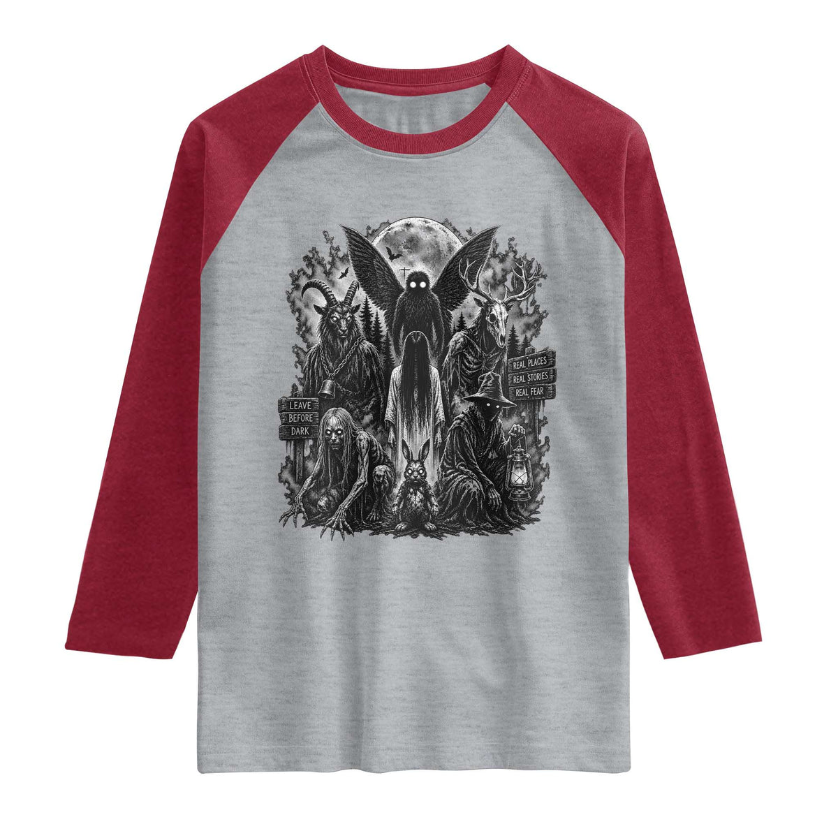 Cryptid Monsters Urban Legends Raglan Shirt Vintage Dark Folklore Leave Before Dark Graphic