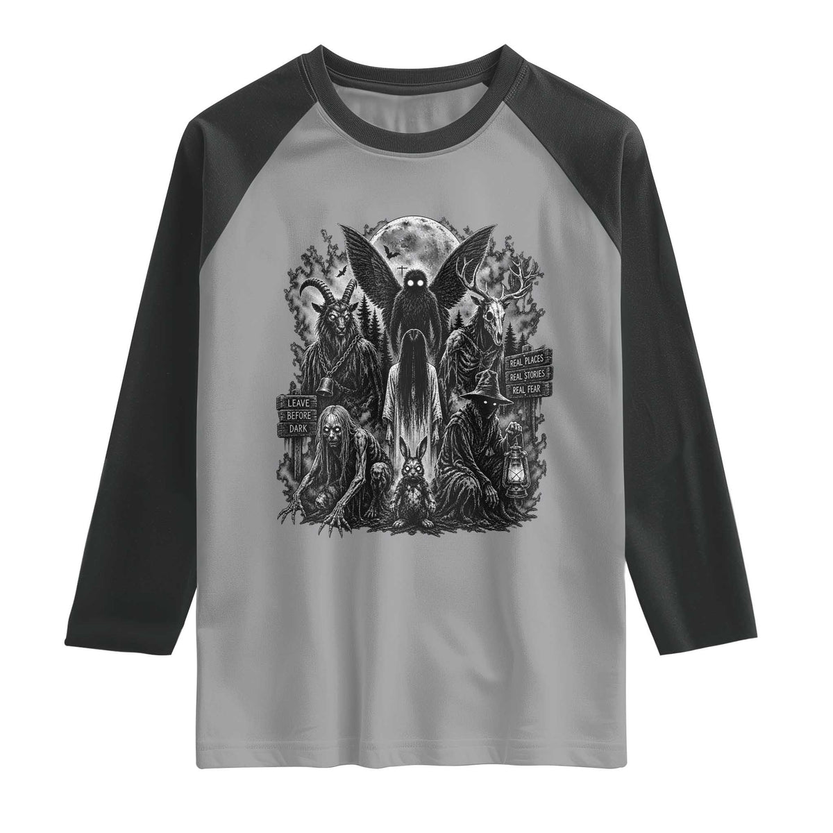 Cryptid Monsters Urban Legends Raglan Shirt Vintage Dark Folklore Leave Before Dark Graphic