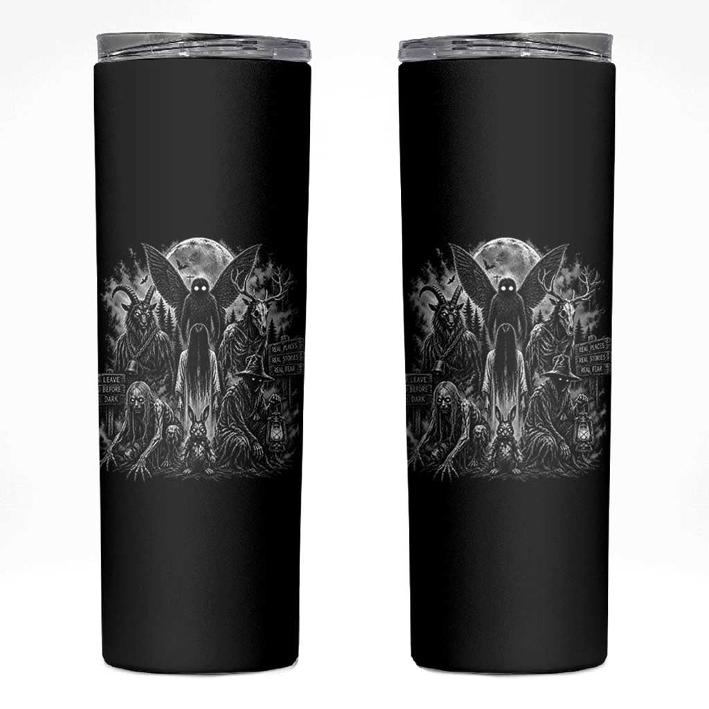 Cryptid Monsters Urban Legends Skinny Tumbler Vintage Dark Folklore Leave Before Dark Graphic