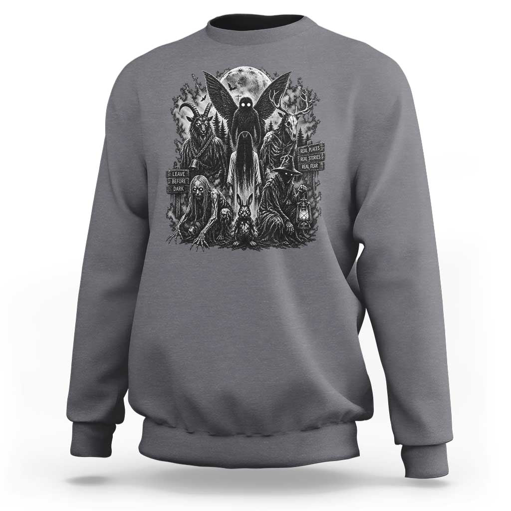 Cryptid Monsters Urban Legends Sweatshirt Vintage Dark Folklore Leave Before Dark Graphic