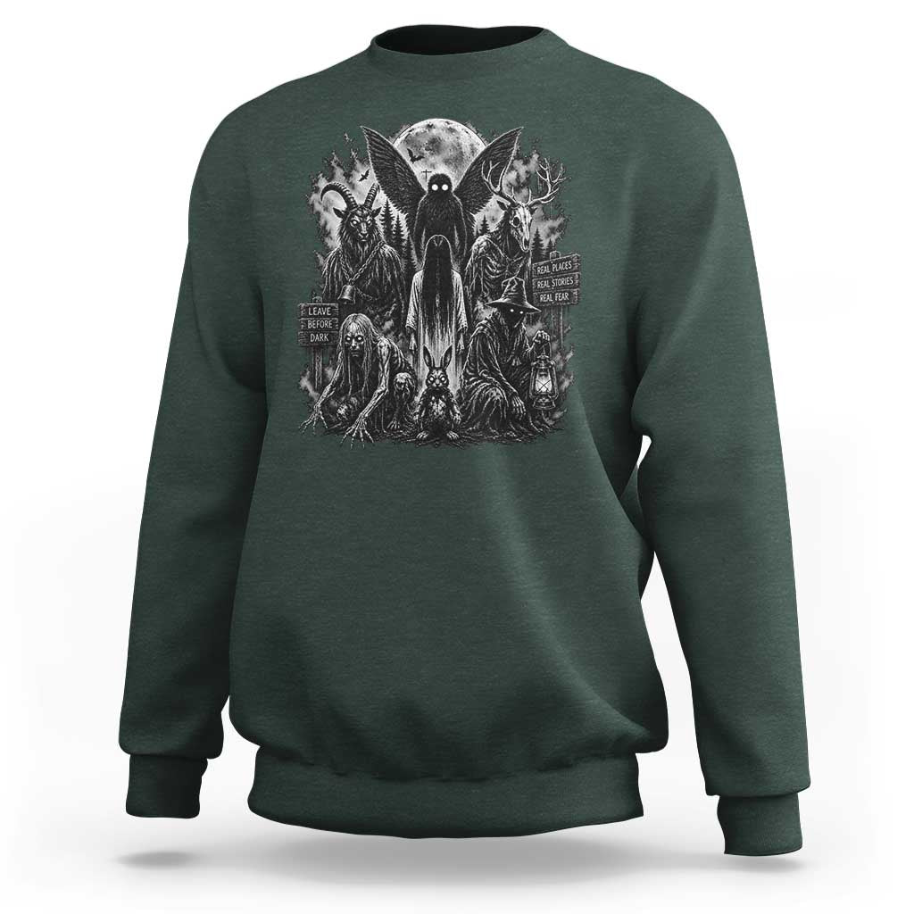 Cryptid Monsters Urban Legends Sweatshirt Vintage Dark Folklore Leave Before Dark Graphic