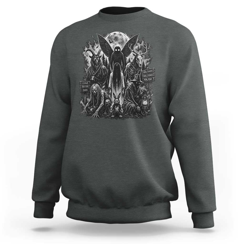 Cryptid Monsters Urban Legends Sweatshirt Vintage Dark Folklore Leave Before Dark Graphic
