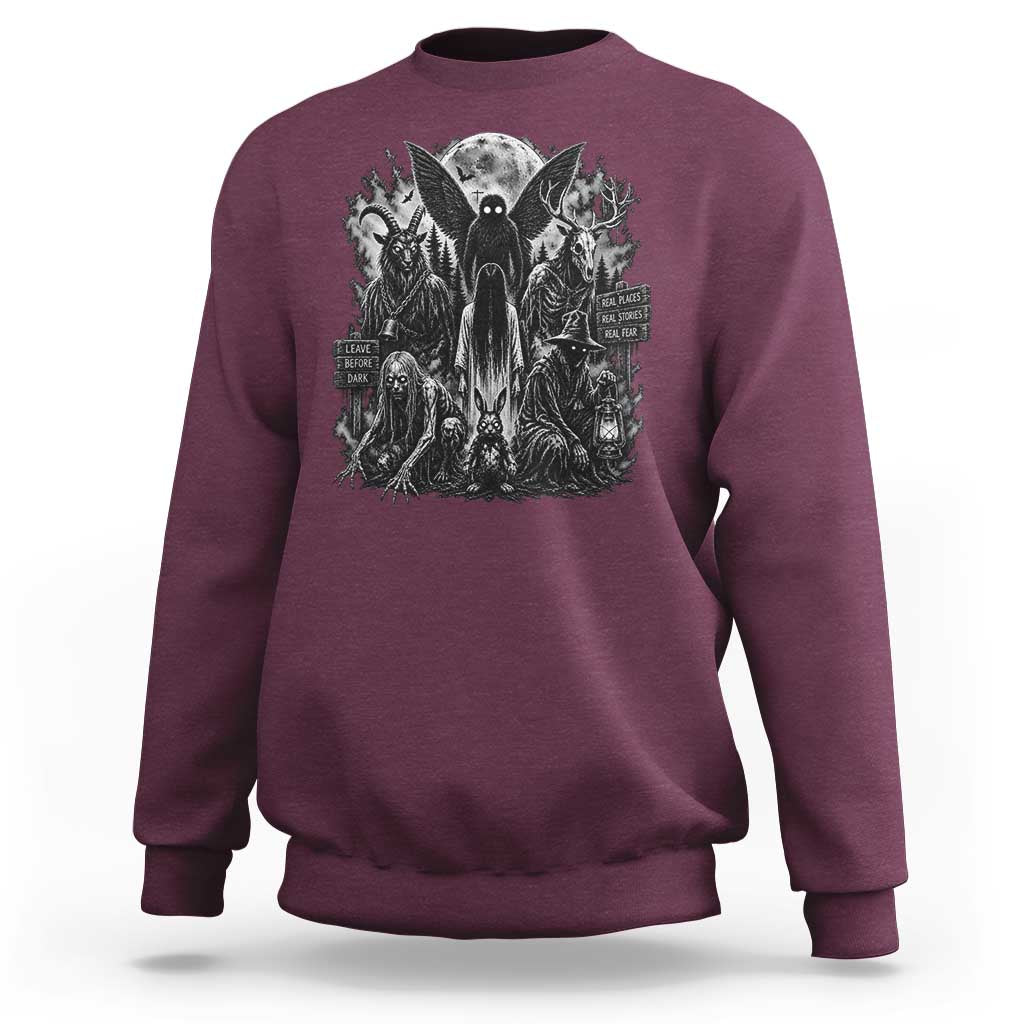 Cryptid Monsters Urban Legends Sweatshirt Vintage Dark Folklore Leave Before Dark Graphic