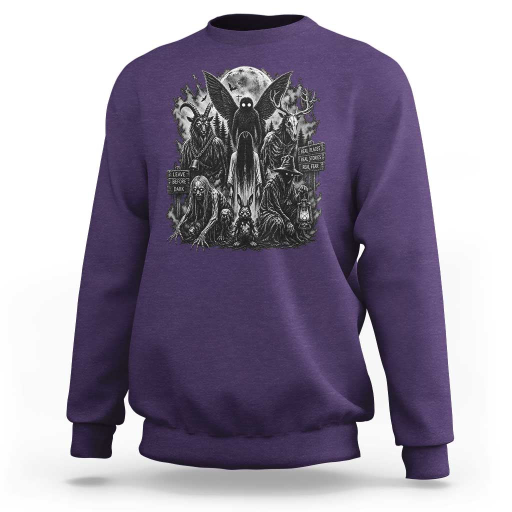 Cryptid Monsters Urban Legends Sweatshirt Vintage Dark Folklore Leave Before Dark Graphic