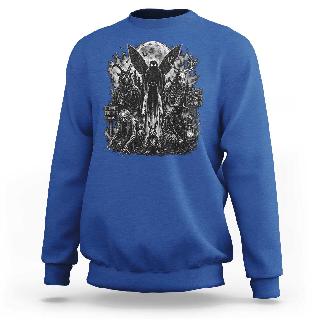 Cryptid Monsters Urban Legends Sweatshirt Vintage Dark Folklore Leave Before Dark Graphic