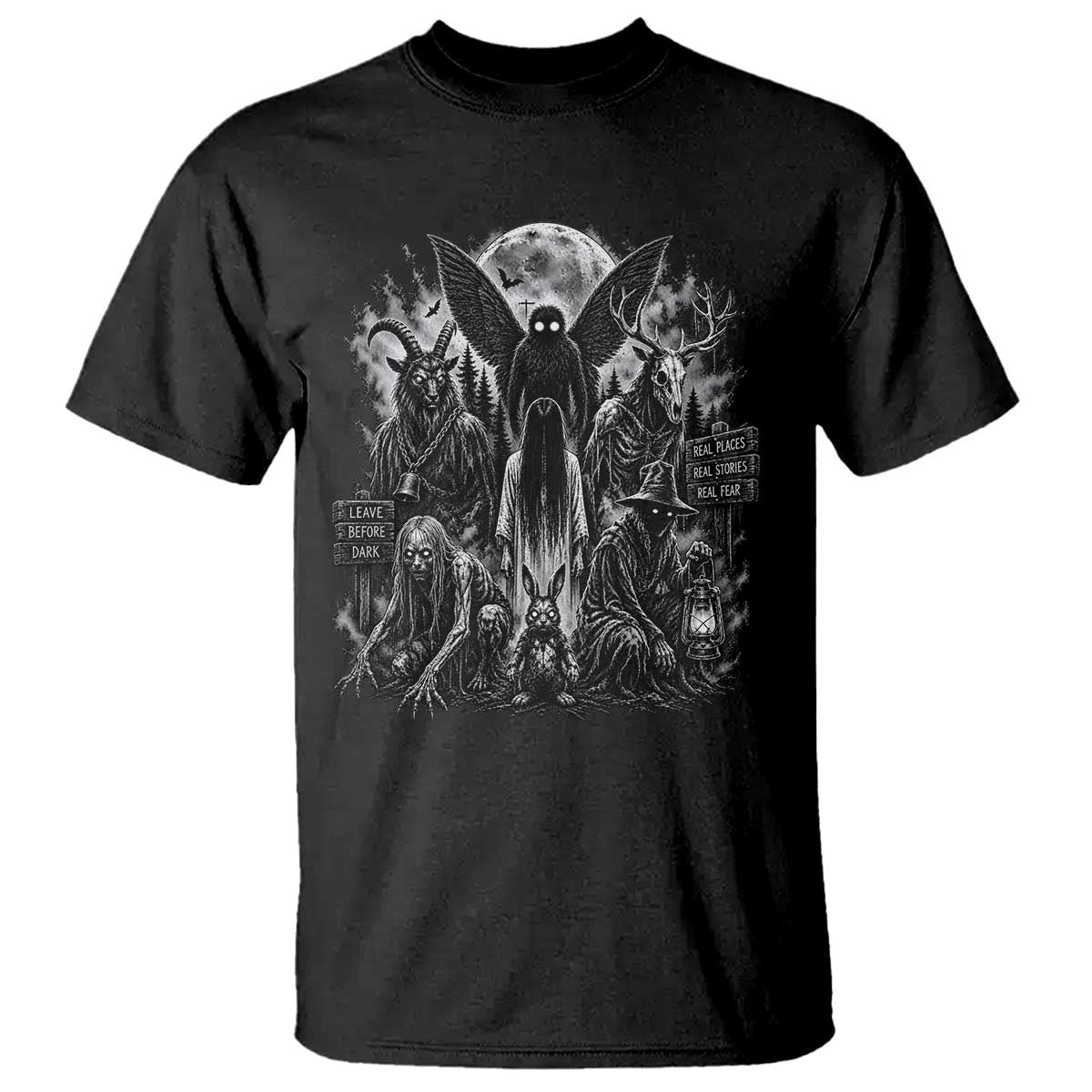 Cryptid Monsters Urban Legends T Shirt Vintage Dark Folklore Leave Before Dark Graphic