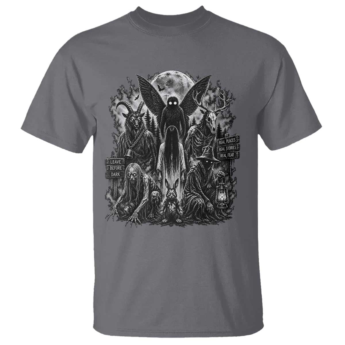 Cryptid Monsters Urban Legends T Shirt Vintage Dark Folklore Leave Before Dark Graphic