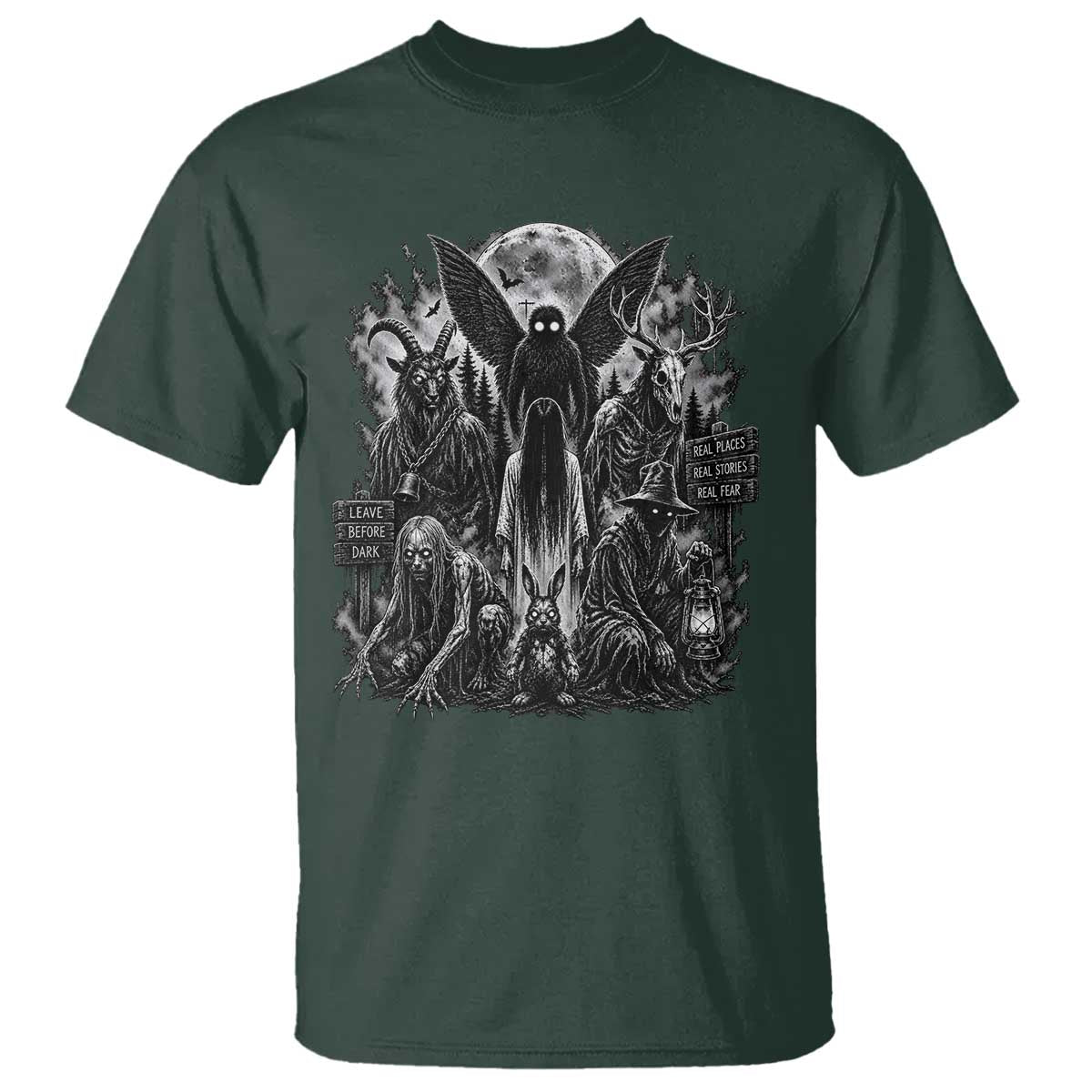 Cryptid Monsters Urban Legends T Shirt Vintage Dark Folklore Leave Before Dark Graphic