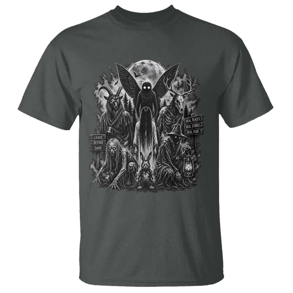 Cryptid Monsters Urban Legends T Shirt Vintage Dark Folklore Leave Before Dark Graphic