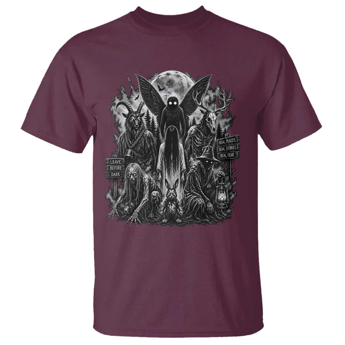 Cryptid Monsters Urban Legends T Shirt Vintage Dark Folklore Leave Before Dark Graphic